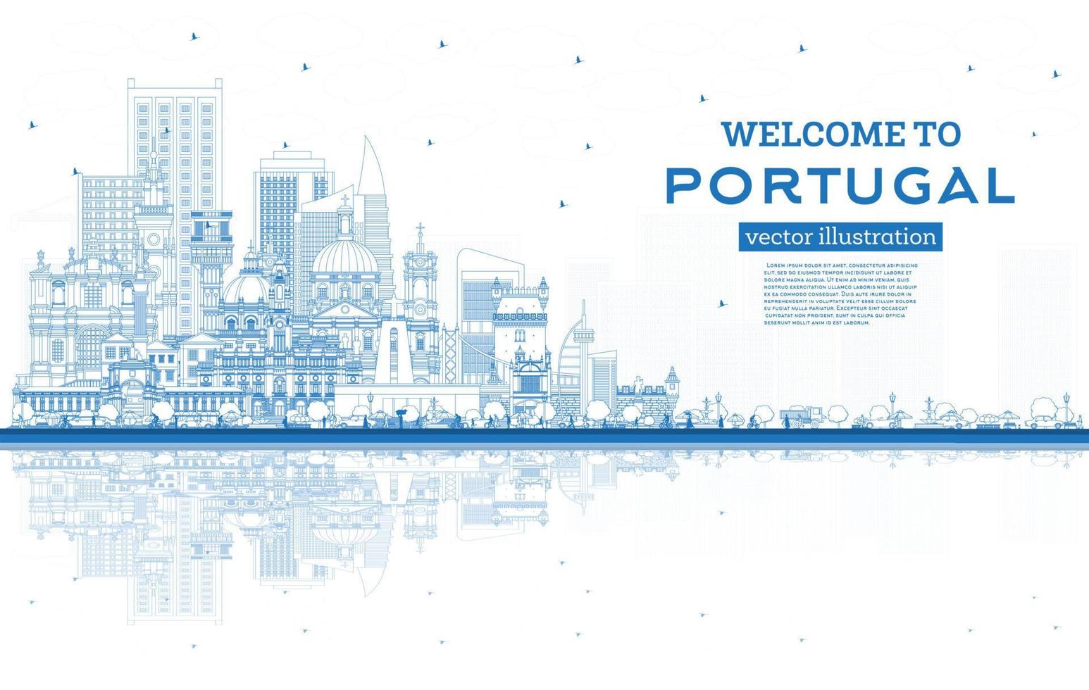 Välkommen till portugal. översikt stad horisont med blå byggnader och reflektioner. vektor