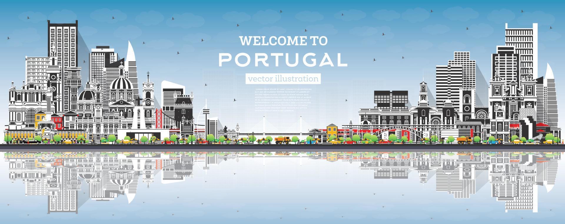 Välkommen till portugal. stad horisont med grå byggnader, blå himmel och reflektioner. vektor