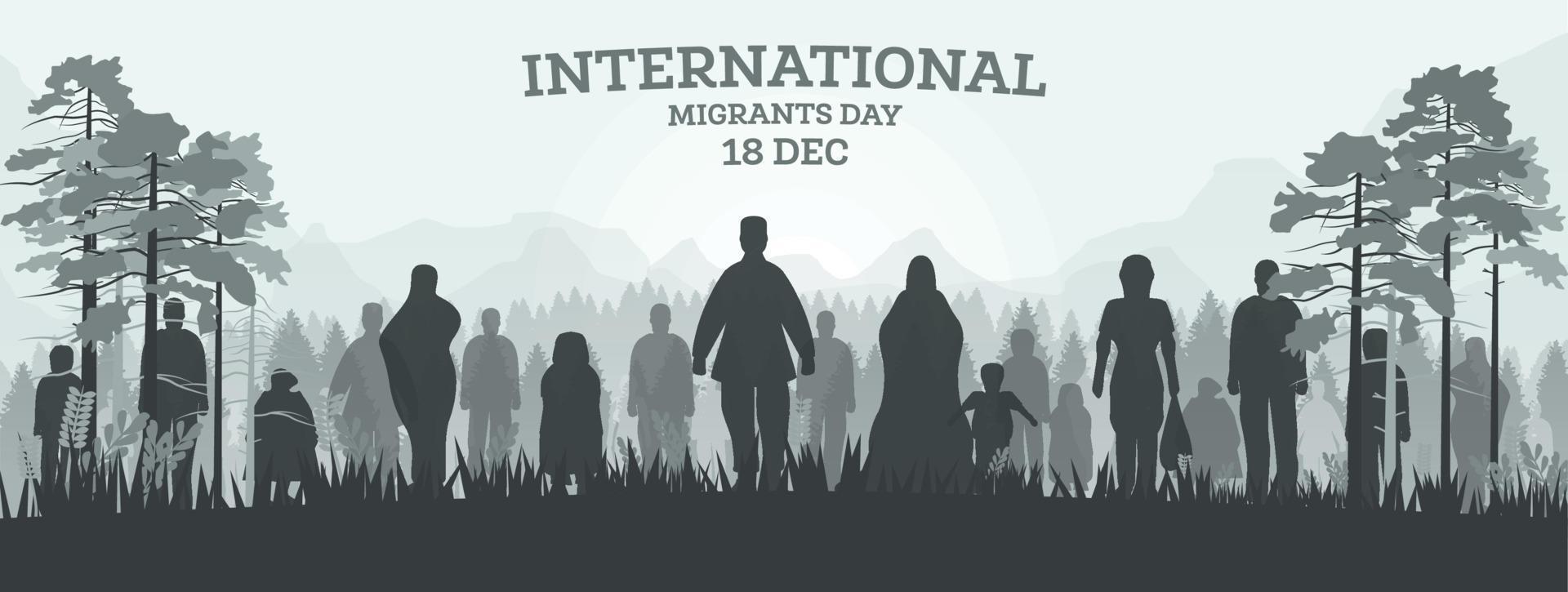 internationell migranter dag 18 december. webb baner med silhuetter av flykting i skog. vektor