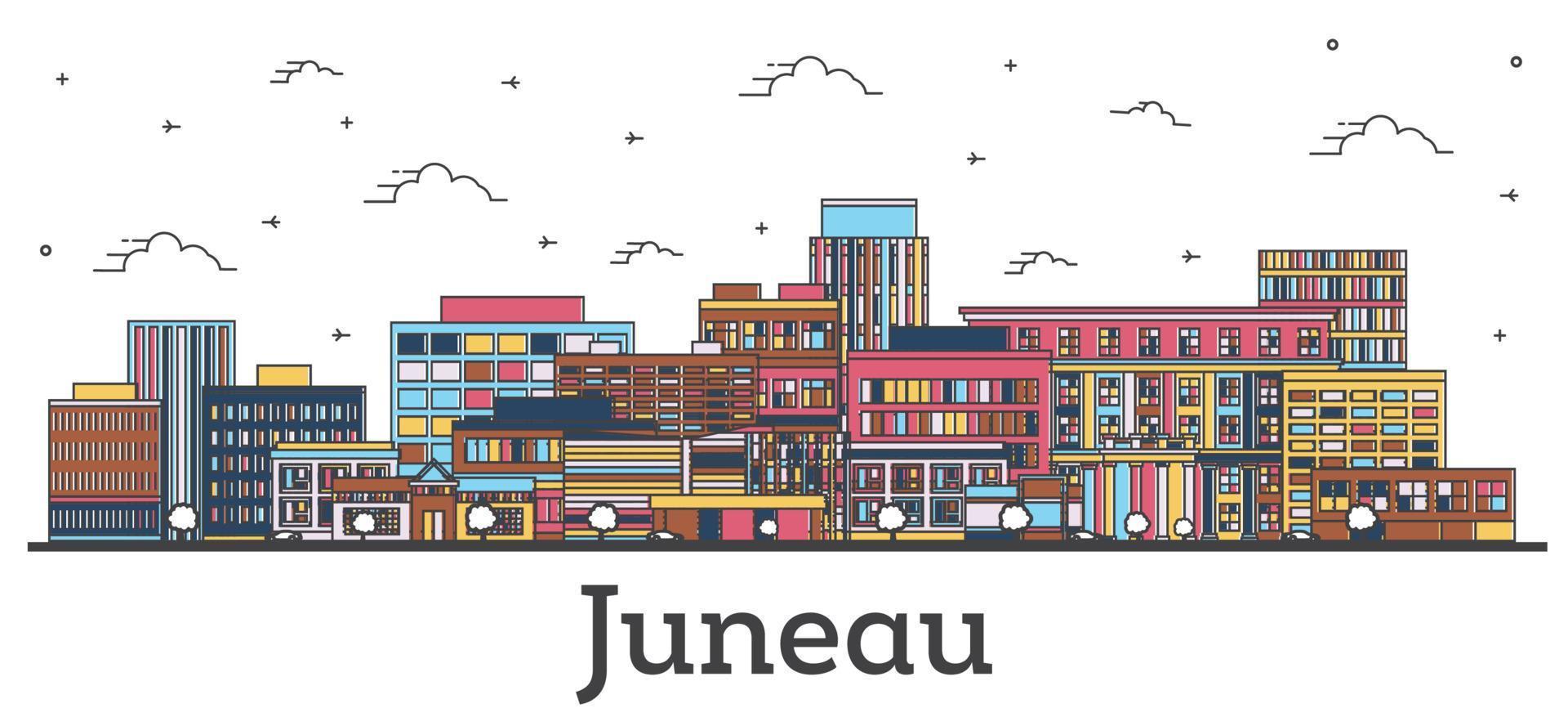översikt juneau alaska stad horisont med Färg byggnader isolerat på vit. vektor