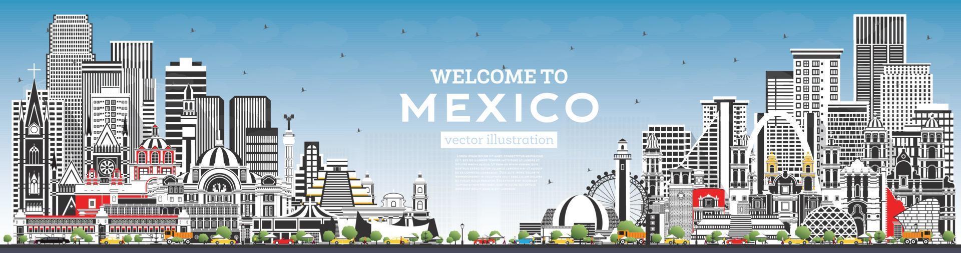 Välkommen till mexico stad horisont med grå byggnader och blå himmel. vektor