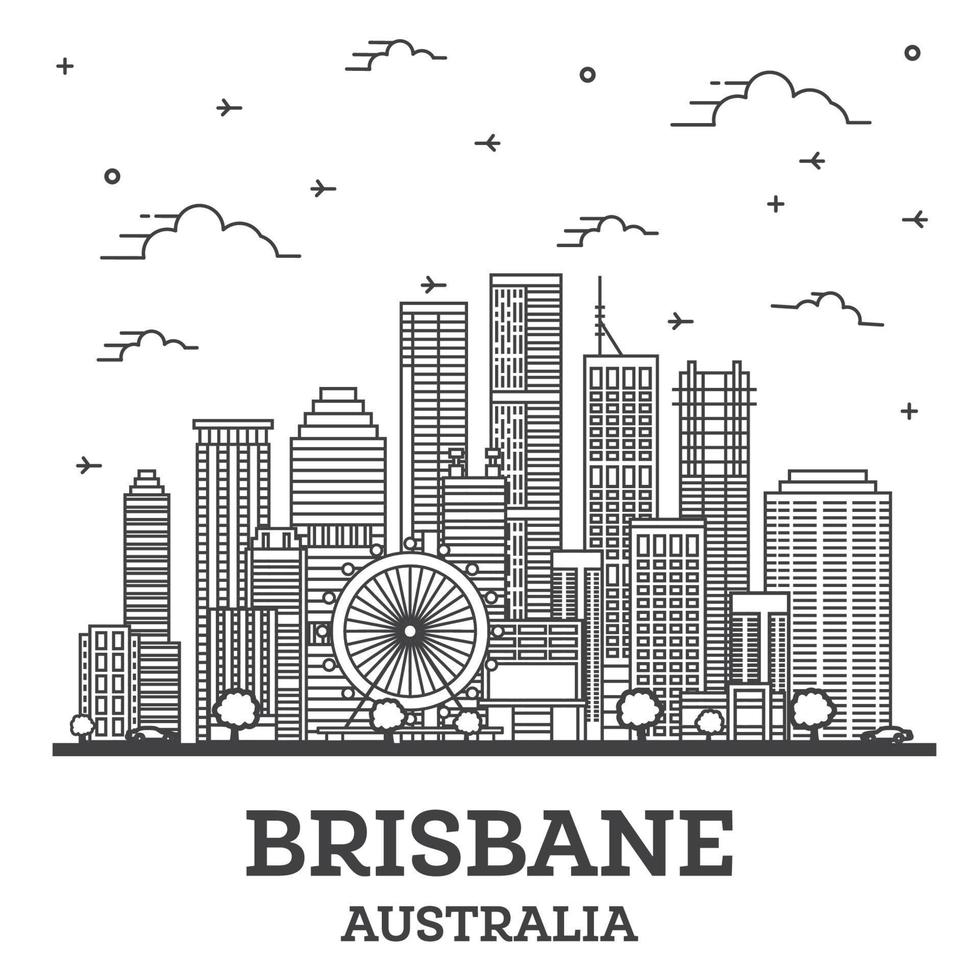 skizzieren sie die skyline von brisbane australien mit modernen gebäuden, die auf weiß isoliert sind. vektor