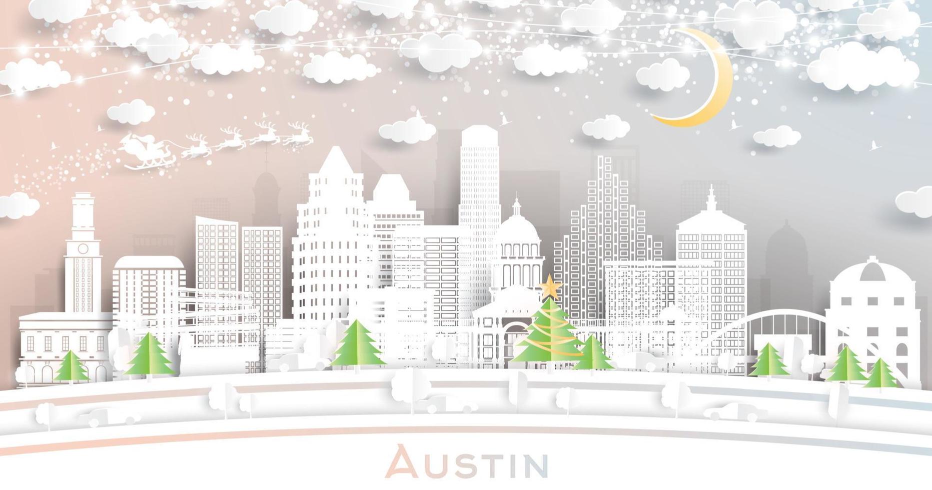 austin texas city skyline im papierschnittstil mit schneeflocken, mond und neongirlande. vektor