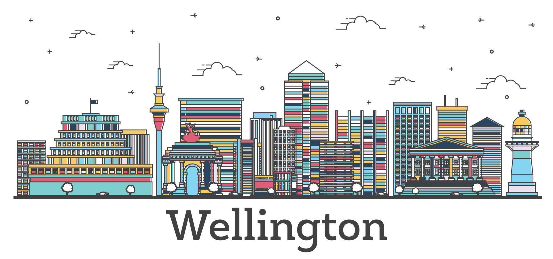 skizzieren sie die skyline von wellington neuseeland mit farbigen gebäuden, die auf weiß isoliert sind. vektor