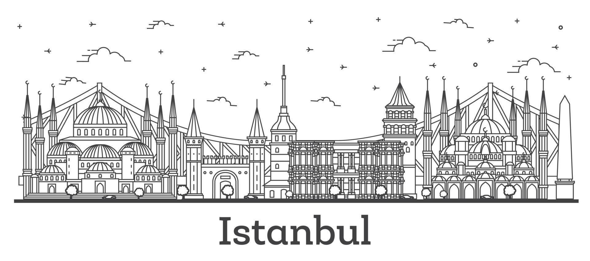 skizzieren sie die skyline der stadt istanbul türkei mit historischen gebäuden isoliert auf weiß. vektor