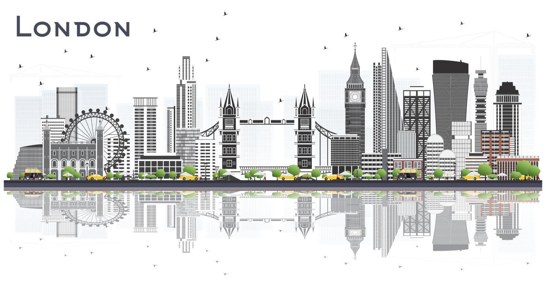 london england city skyline mit grauen gebäuden und reflexionen isoliert auf weißem hintergrund. vektor