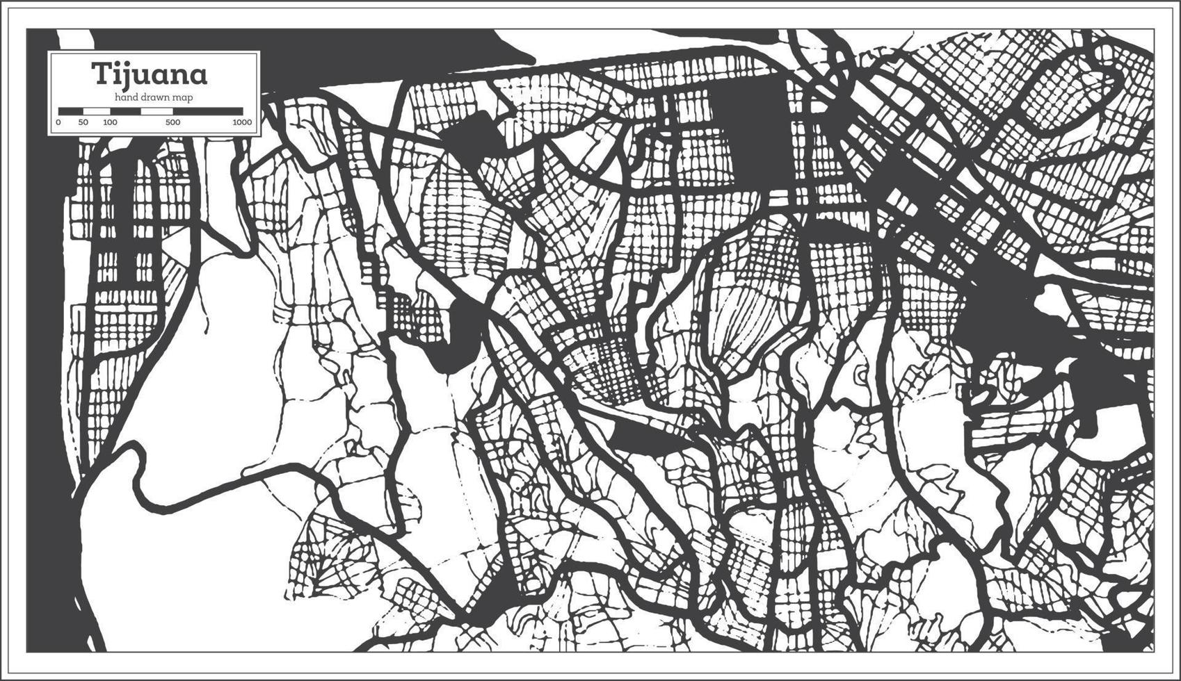 Tijuana Mexiko Stadtplan in schwarz-weißer Farbe im Retro-Stil. Übersichtskarte. vektor