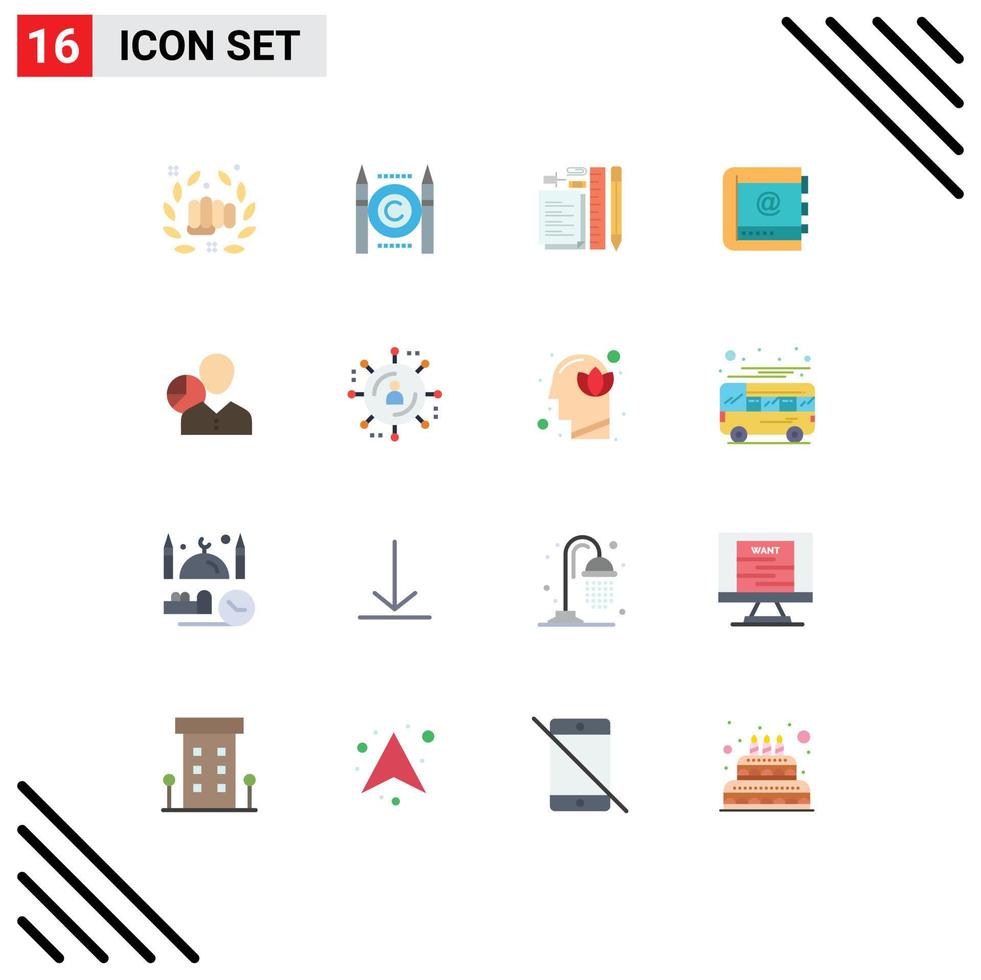 Flaches Farbpaket mit 16 universellen Symbolen für Kontakte Business Digital Book Notepad editierbares Paket kreativer Vektordesign-Elemente vektor