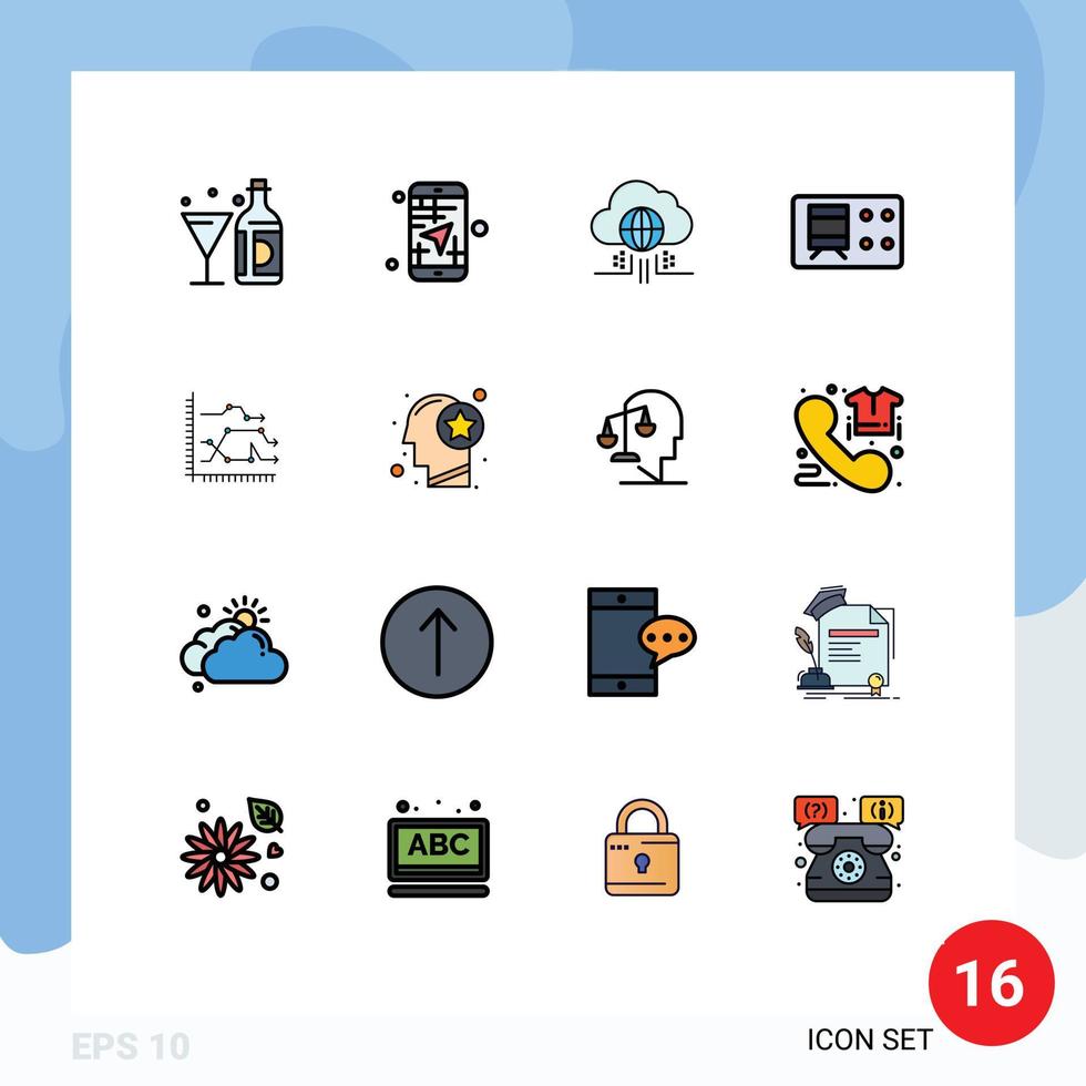 moderner Satz von 16 flachen, farbgefüllten Linien und Symbolen wie Analytics-Ticket-Richtungs-Eisenbahnwolke editierbare kreative Vektordesign-Elemente vektor