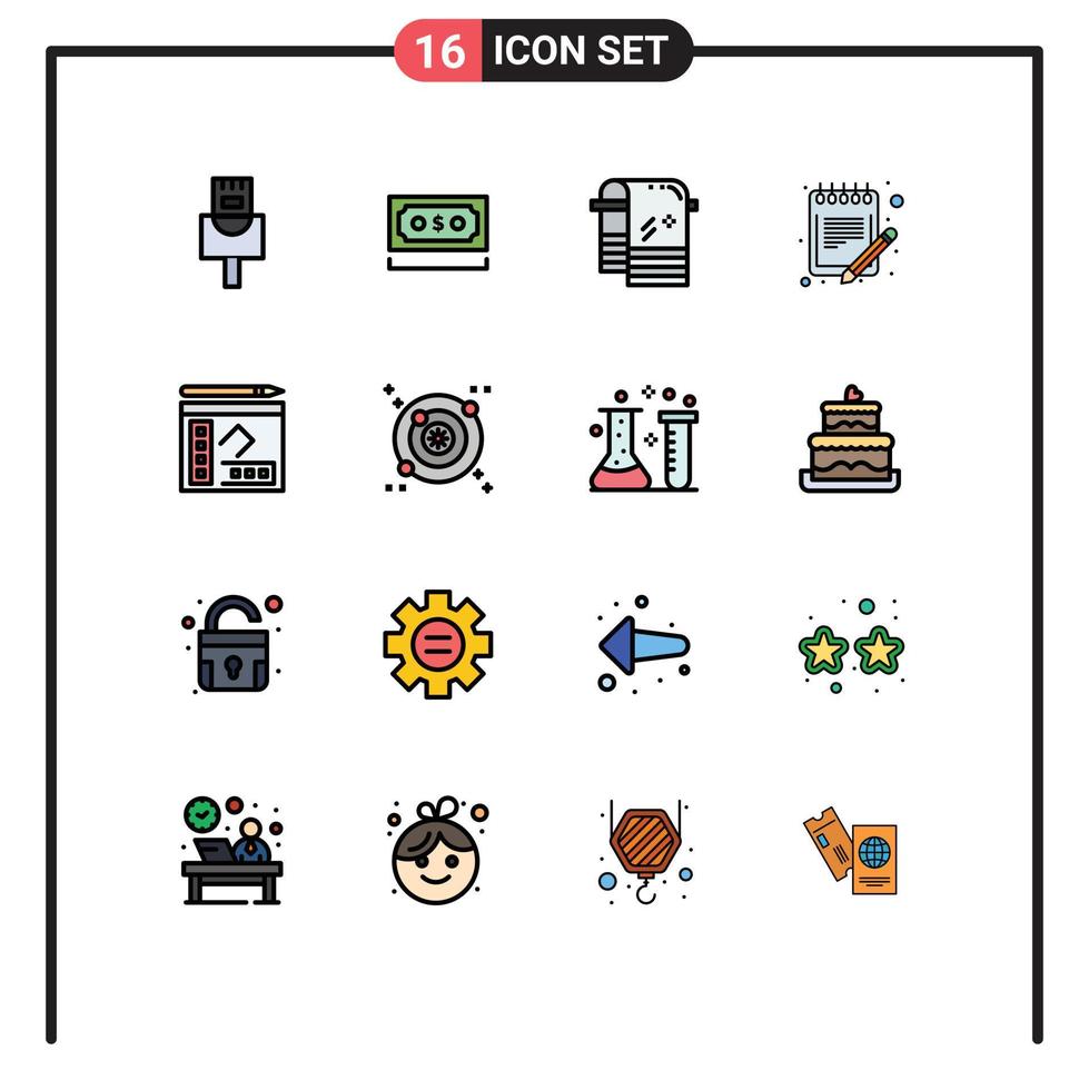 Gruppe von 16 modernen, flachen, farbgefüllten Linien für Notizbuchblatt-Trockenplan, um editierbare kreative Vektordesign-Elemente zu bestellen vektor