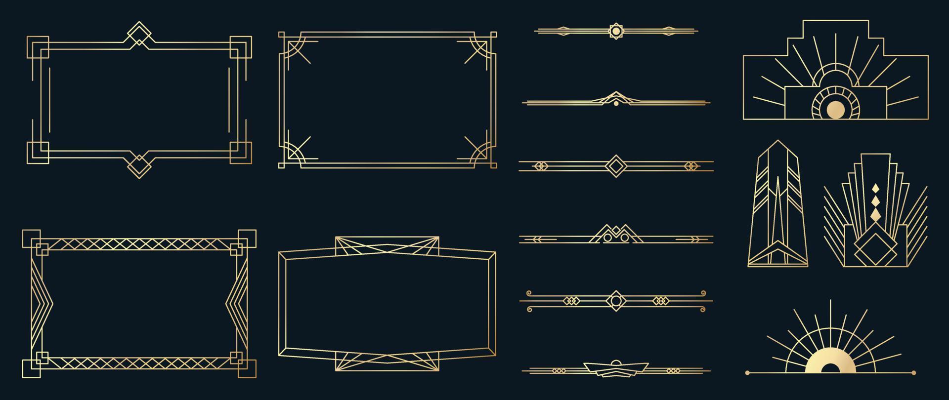 Sammlung geometrischer Art-Deco-Ornamente. luxuriöse goldene dekorative elemente mit verschiedenen linien, rahmen, überschriften, teiler und rand. elegantes vektorsetdesign für karte, einladung, poster, banner. vektor