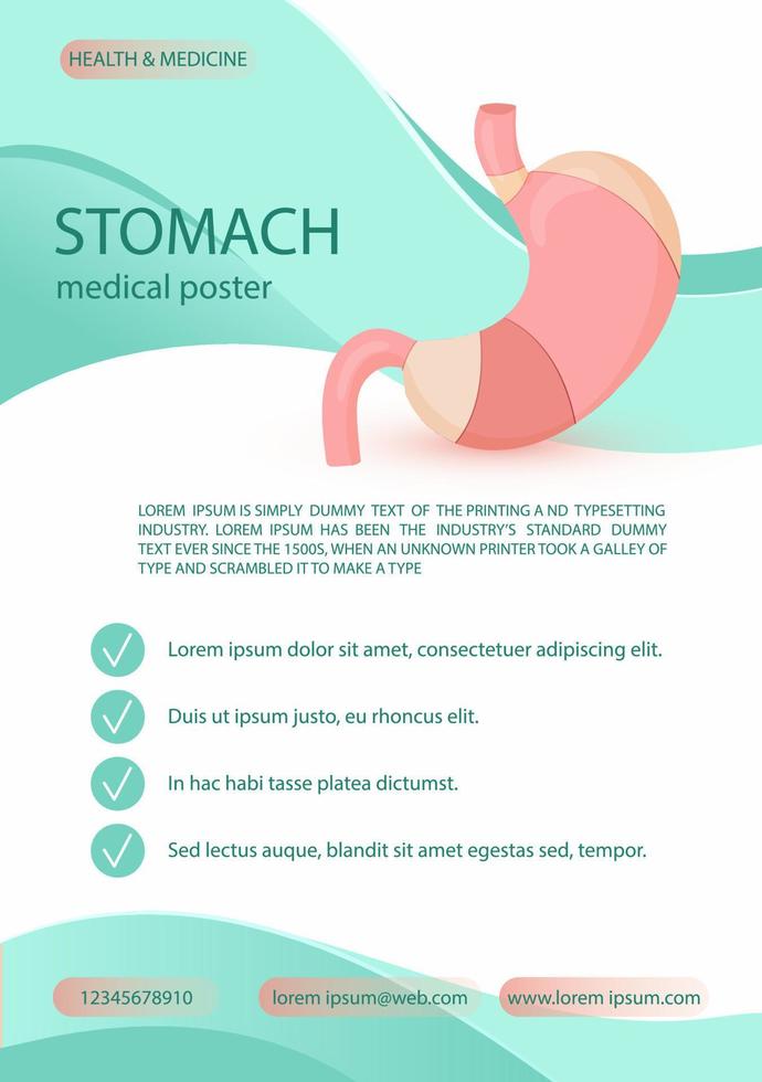 Healthcare-Vorlage für Poster, Flyer und Broschüre mit Infografik-Vektorillustration des menschlichen Magens vektor