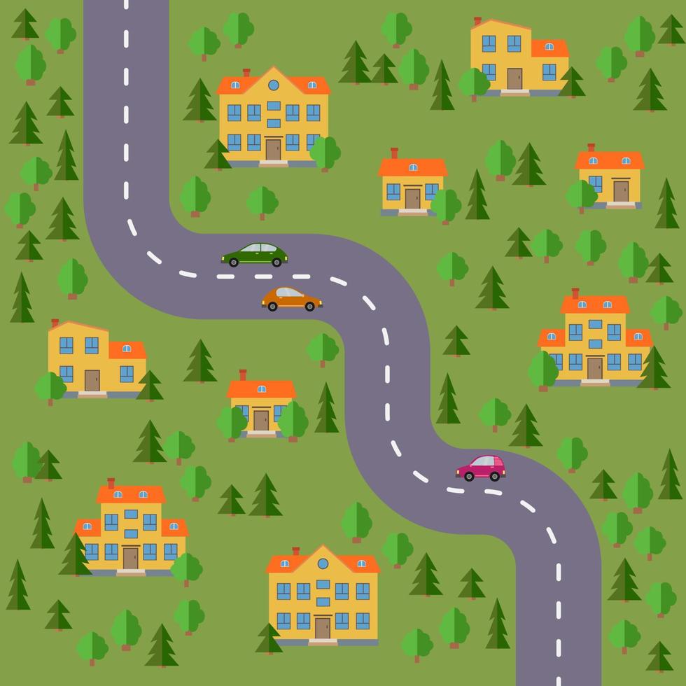 planen av by. landskap med de väg, skog, bilar och hus. vektor illustration