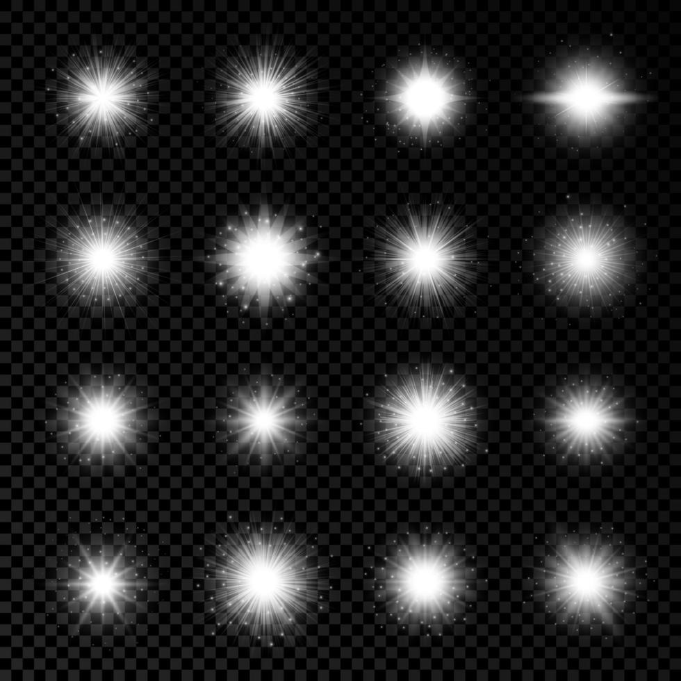 ljus effekt av lins bloss. uppsättning av sexton vit lysande lampor starburst effekter med pärlar på en transparent bakgrund. vektor illustration