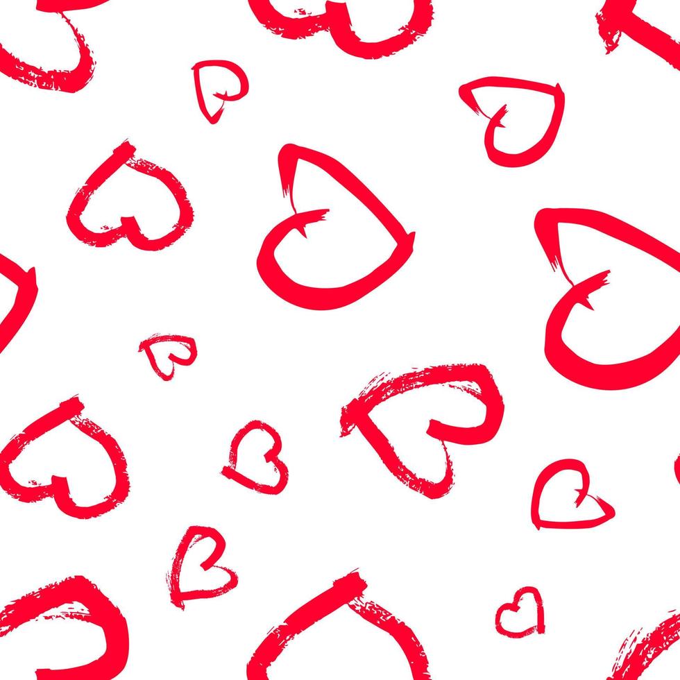 sömlös mönster med hand dragen hjärtan. klotter grunge röd hjärtan på vit bakgrund. vektor illustration.