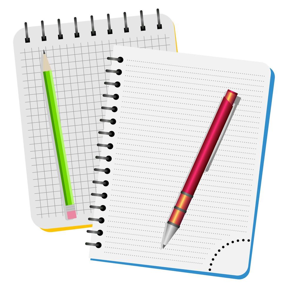 två anteckningsböcker, röd penna och grön penna på en vit bakgrund vektor