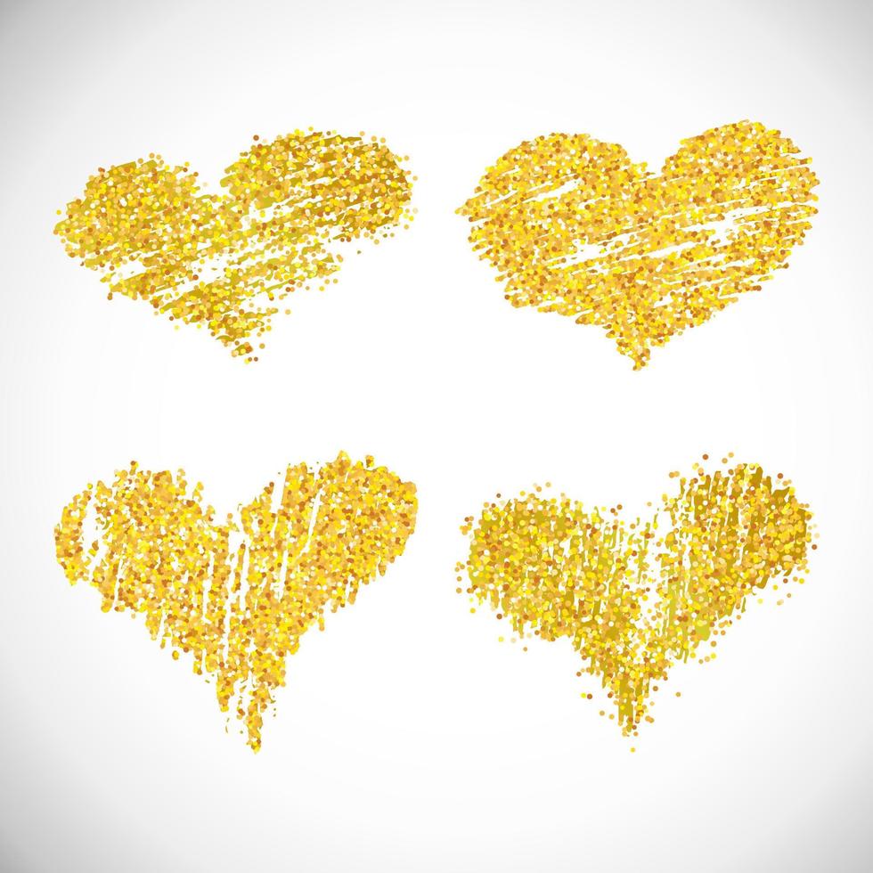 Satz von vier handgezeichneten goldenen Glitzerherzen. Symbol der Liebe. Vektor-Illustration vektor