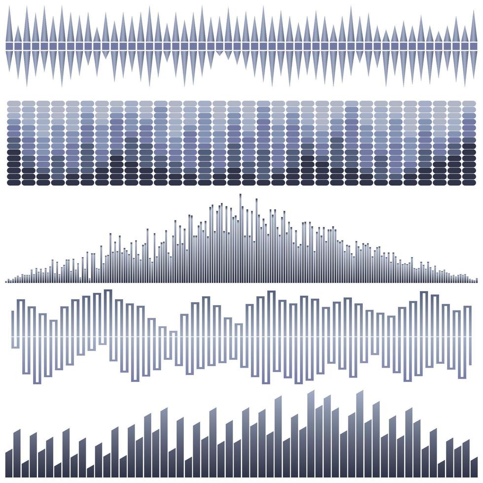 Vektorsatz dunkelblauer Schallwellen. Audio-Equalizer. Ton- und Audiowellen isoliert auf weißem Hintergrund vektor