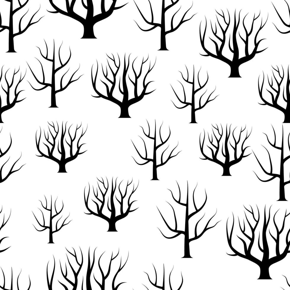 Nahtlose schwarze und weiße gebogene Bäume ohne Blätterhintergründe. Vektor Wald nahtlose Textur.