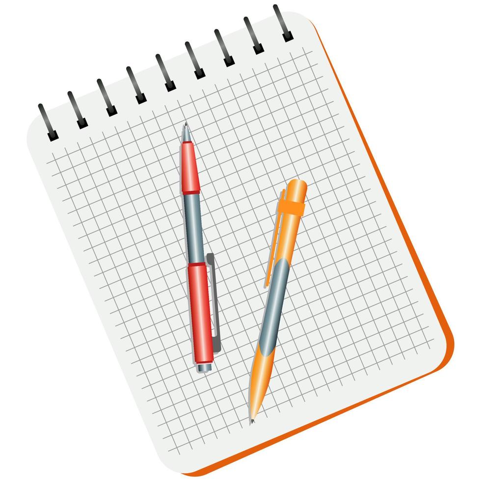 Notizbuch, roter Stift und gelber Stift auf weißem Hintergrund vektor