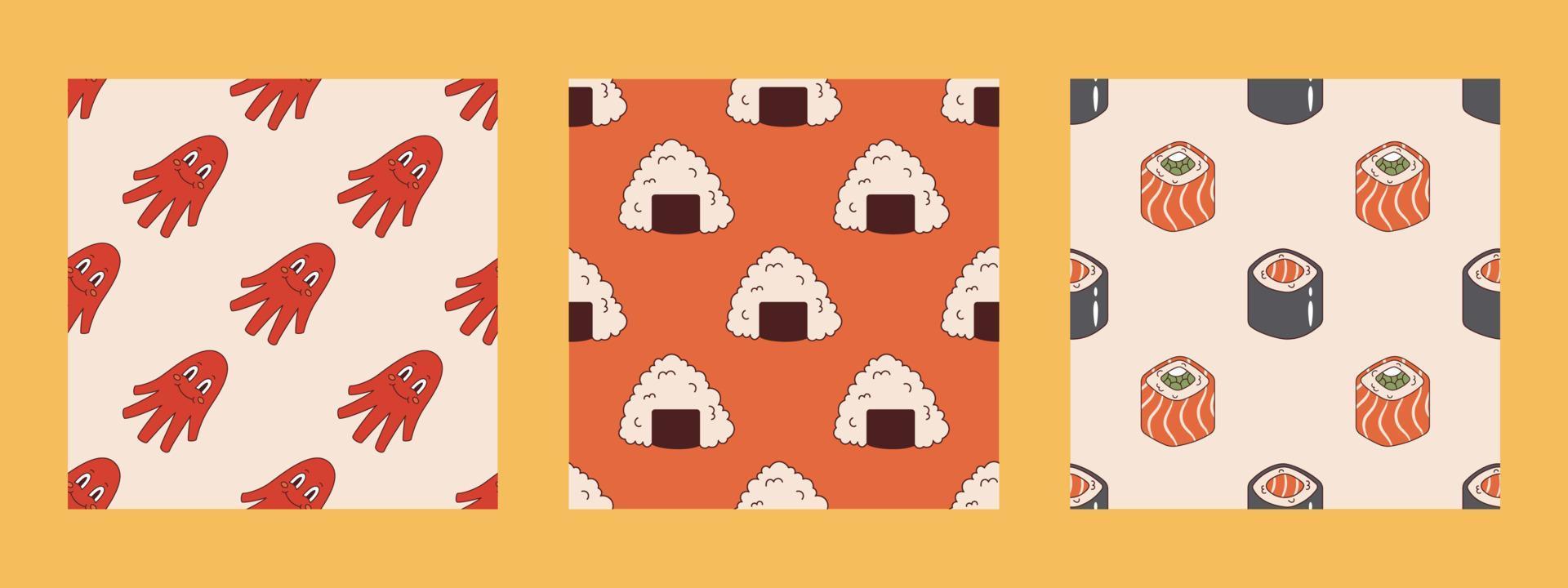 Vektor-Set von nahtlosen Mustern mit japanischem Essen im Retro-Stil. Onigiri, Wurstkrake, Philadelphia-Rolle und Maki-Sushi. Sammlung von Hintergründen mit asiatischem Essen der 70er Jahre. vektor