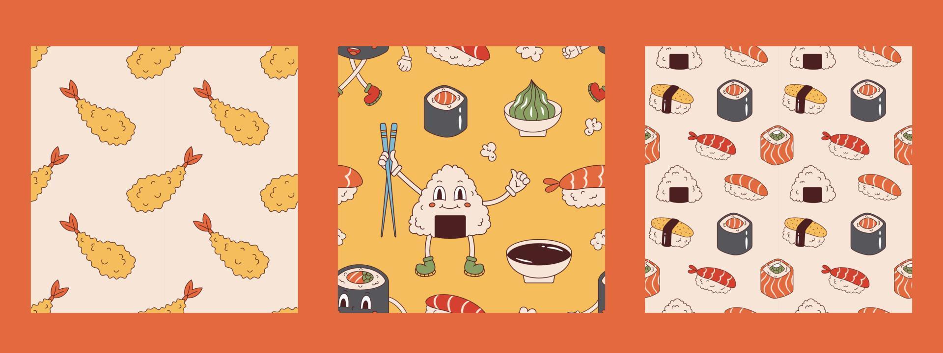 vektor uppsättning av sömlös mönster med japansk mat i retro stil. sushi, onigiri, tempura friterad ebi, soja sås och wasabi. samling av bakgrunder med asiatisk mat 70-tal.