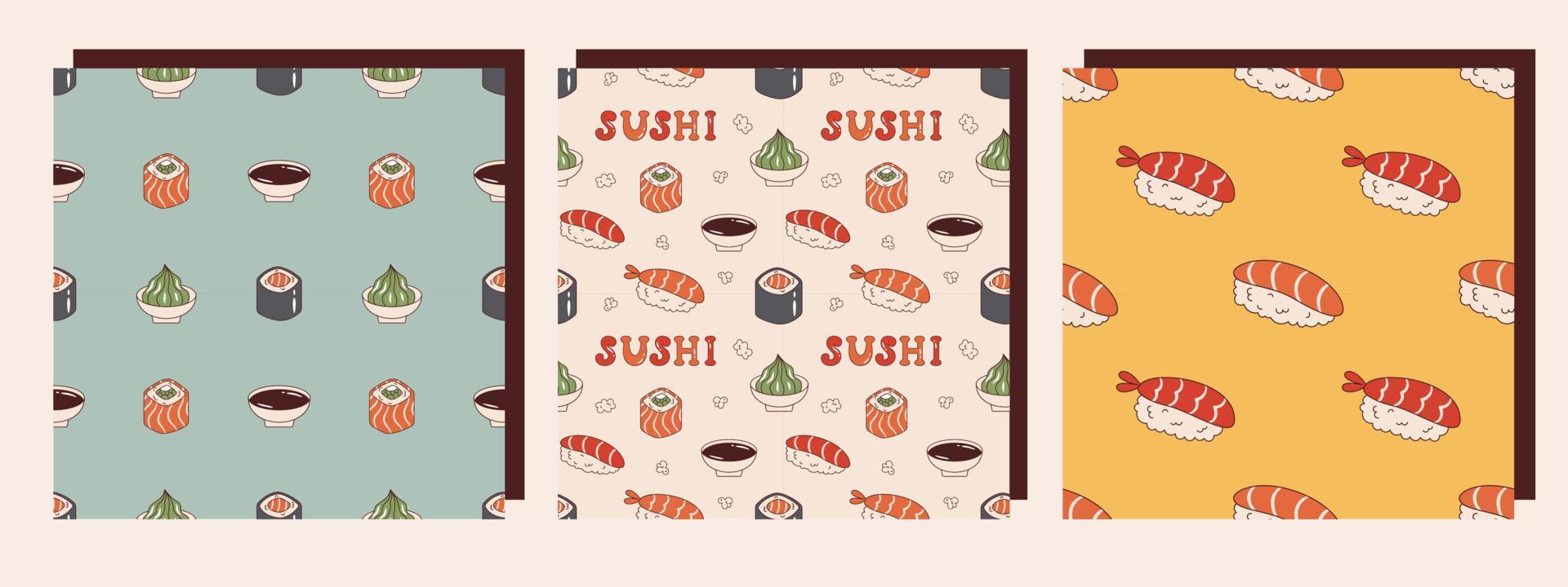 vektor uppsättning av sömlös mönster med japansk mat i retro stil. onigiri, soja sås, wasabi, philadelphia rulla och maki sushi. retro samling av bakgrunder med asiatisk mat 70-tal.