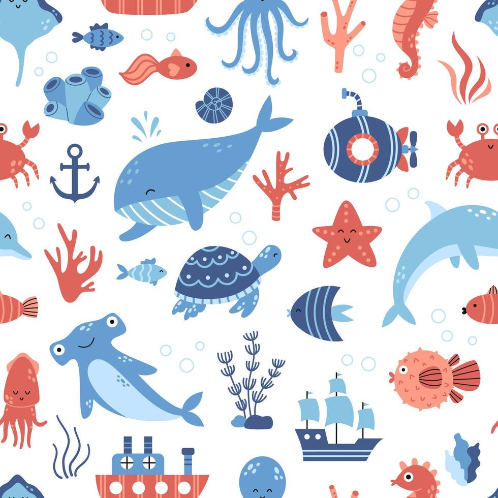 Vektor marine Musterdesign mit Meerestieren in flachem Design. Delphine, Wale, Seesterne, Seepferdchen, Tintenfische und Fische. Unterwasserleben.