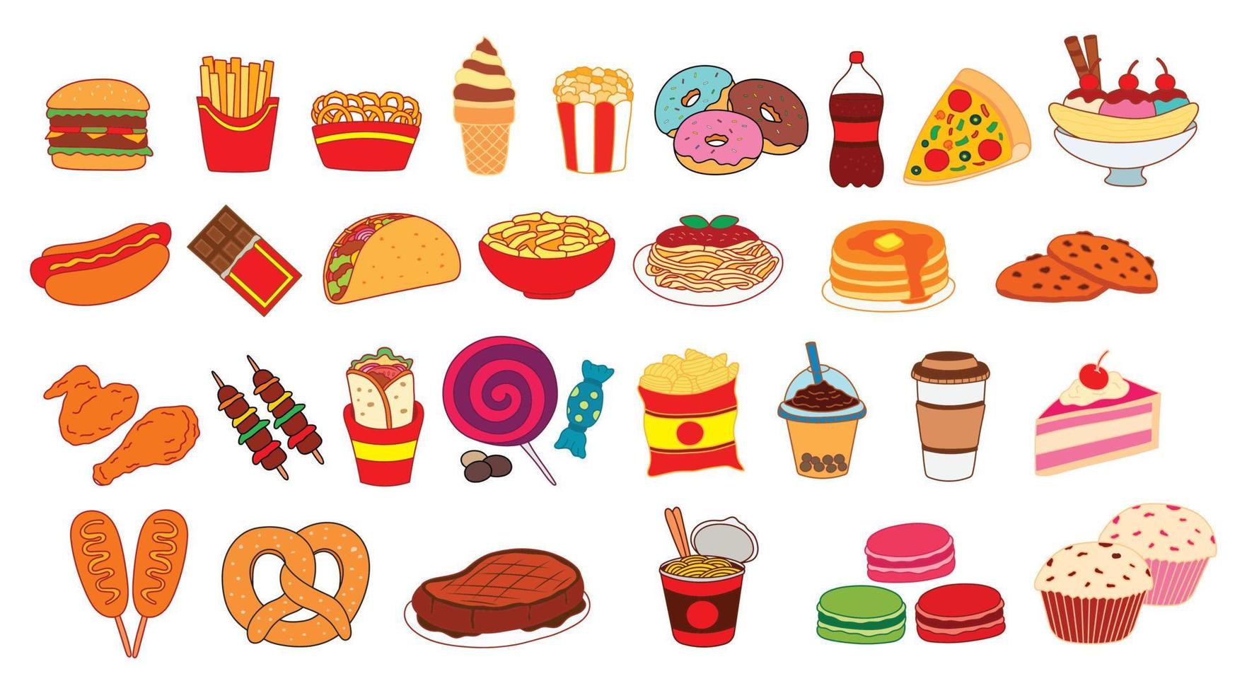 vektor illustration uppsättning av snabb mat maträtter med drycker och desserter samling med burger och pizza, popcorn varm hund och koks dryck med munk, kopp spaghetti och biff, franska frites och taco