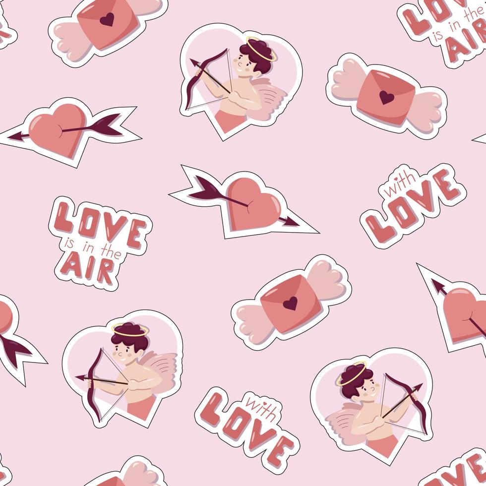 valentine dag begrepp sömlös mönster med vektor söt tecknad serie klistermärken, liten ängel, brev med vingar, text och hjärtan. rosa bakgrund för hälsning kort, omslag papper och gåva lådor