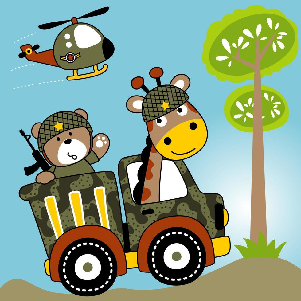 söt Björn och giraff bär militär hjälm på kamouflage lastbil, militär helikopter, vektor tecknad serie illustration