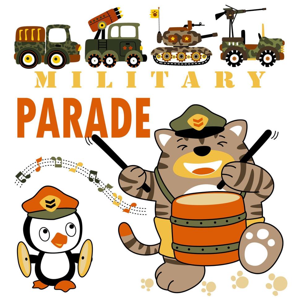 niedlicher pinguin und katze, die musikinstrument in der militärparade spielen, t-shirt design, vektorkarikaturillustration vektor