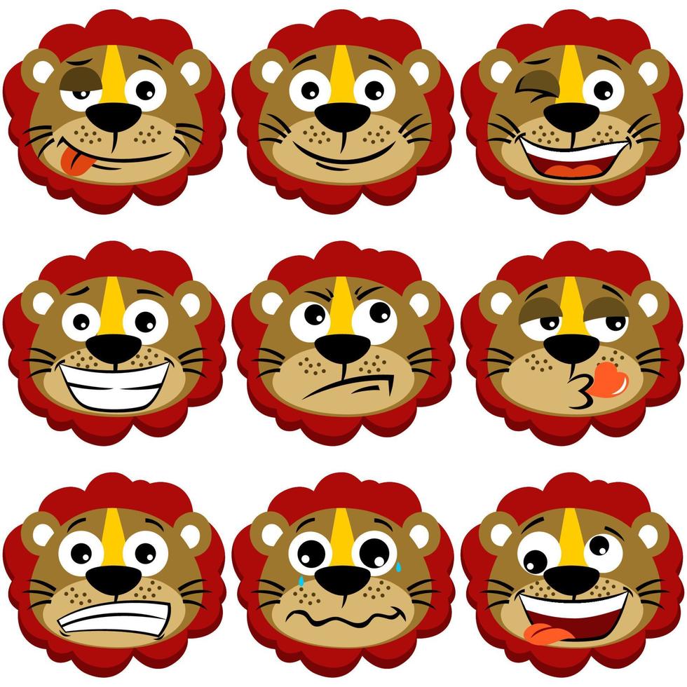 uppsättning av rolig lejon ansiktsbehandling uttryck, vektor tecknad serie illustration