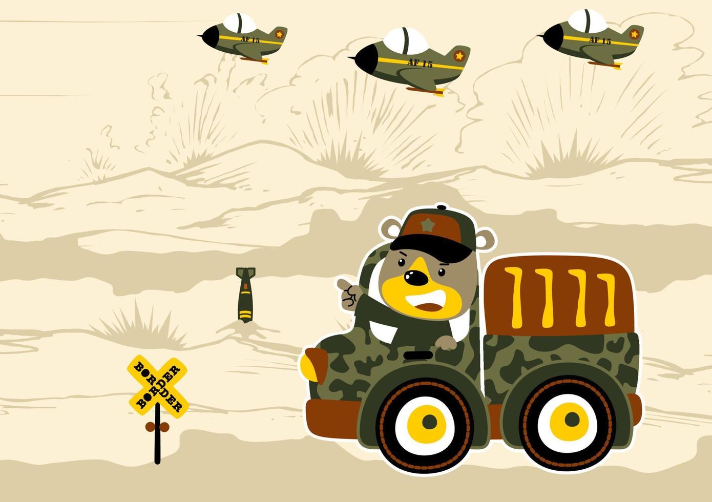 söt Björn på militär lastbil med kämpe jet i slagfält, vektor tecknad serie illustration