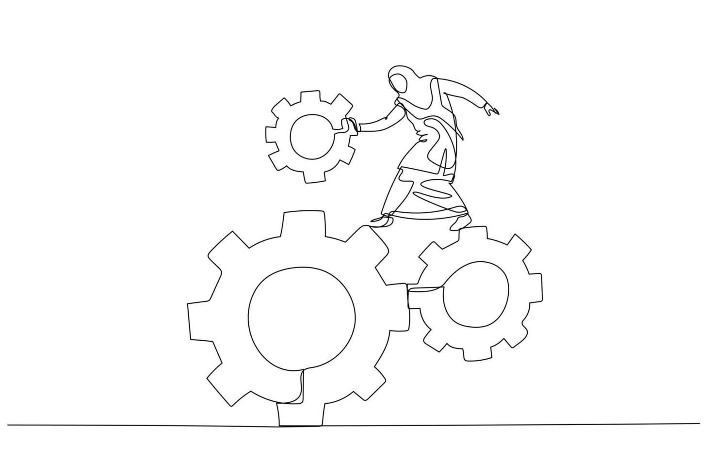 Zeichnung einer muslimischen Geschäftsfrau, die auf einer Reihe von Ausrüstung steht. Metapher für Organisationsteam. fortlaufende Strichzeichnungen vektor