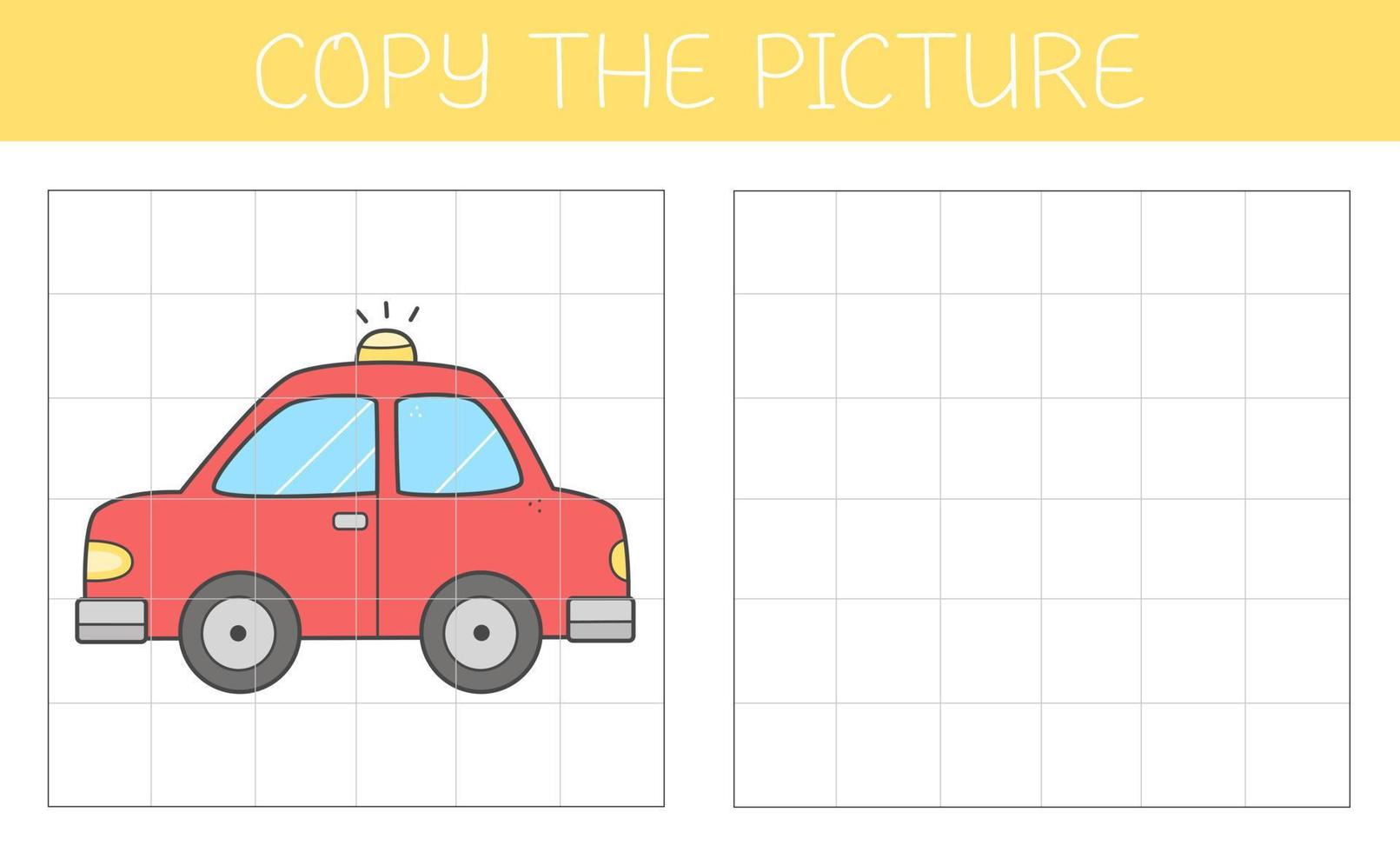 kopia de bild är ett pedagogisk spel för barn med en bil. söt tecknad serie bil. vektor illustration.