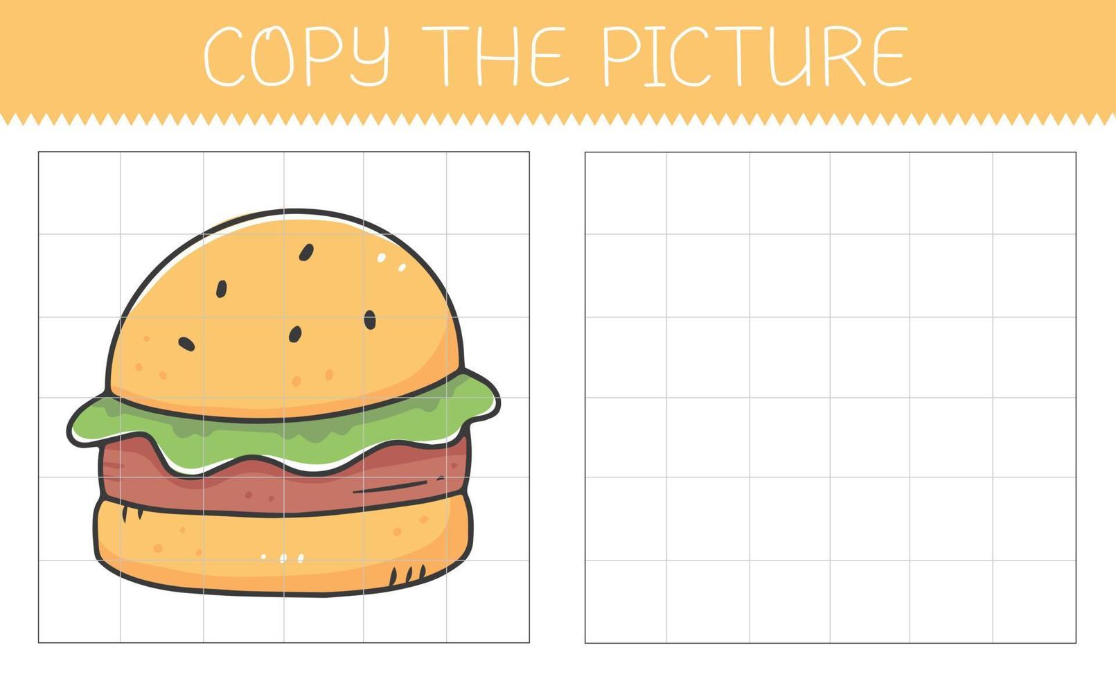 kopia de bild är ett pedagogisk spel för barn med en hamburgare. söt tecknad serie hamburgare. vektor illustration.
