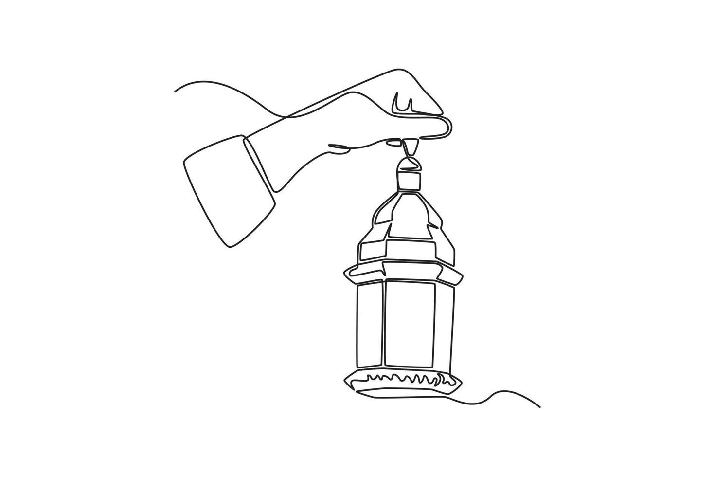 kontinuerlig ett linje teckning hand innehav ramadan lykta i de månad av ramadan. ramadan aktivitet begrepp. enda linje dra design vektor grafisk illustration.