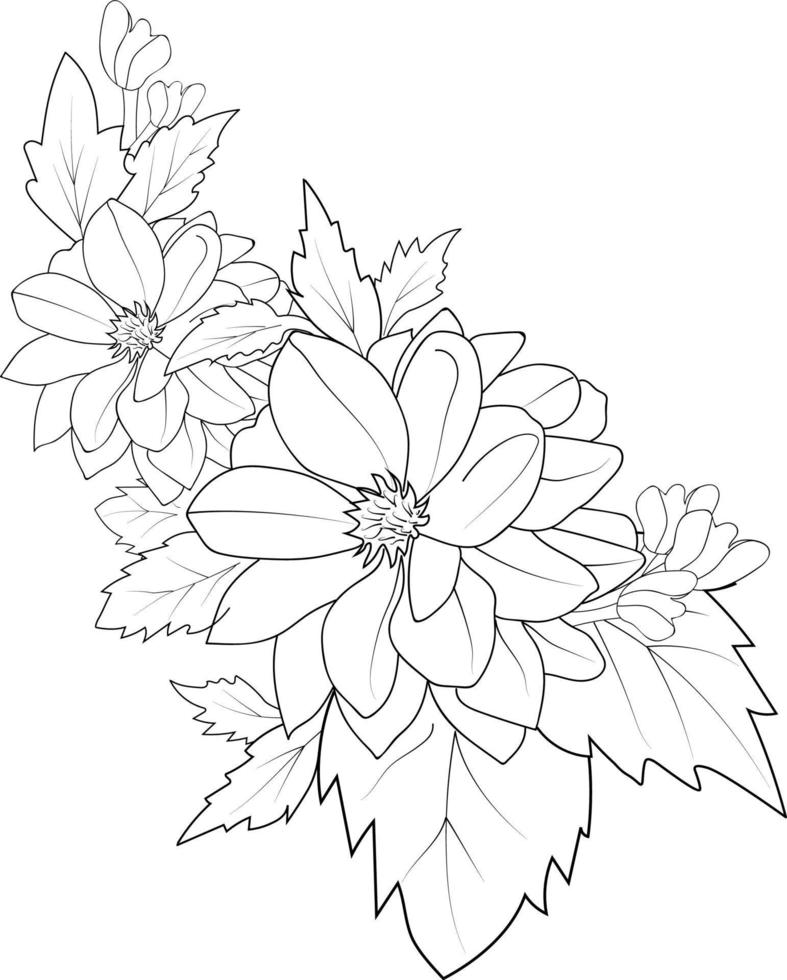 dahlia blomma skiss konst, årgång stil tryckt för söt blomma färg pages.vector illustration av en skön blomma med en bukett av näckros dahlia , och löv. isolerat på vit bakgrund. vektor