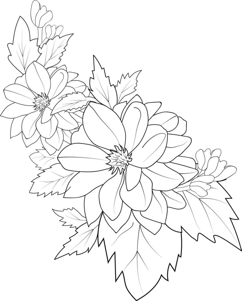 Dahlienblumen-Skizzenkunst, Vintage-Stil, gedruckt für niedliche Blumenmalseiten. Vektorillustration einer schönen Blume mit einem Blumenstrauß aus Seerosen-Dahlie und Blättern. isoliert auf weißem Hintergrund. vektor