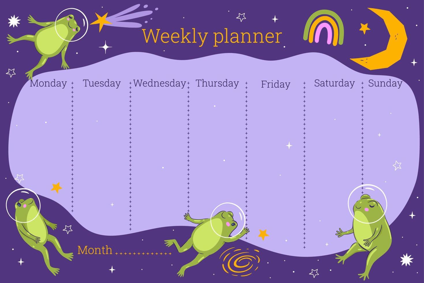 varje vecka planerare med grodor i Plats. vektor grafik.