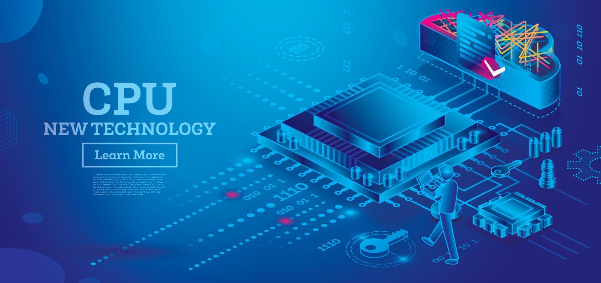 trogen isometrisk cpu med neon rader på blå bakgrund. dator teknologi. vektor