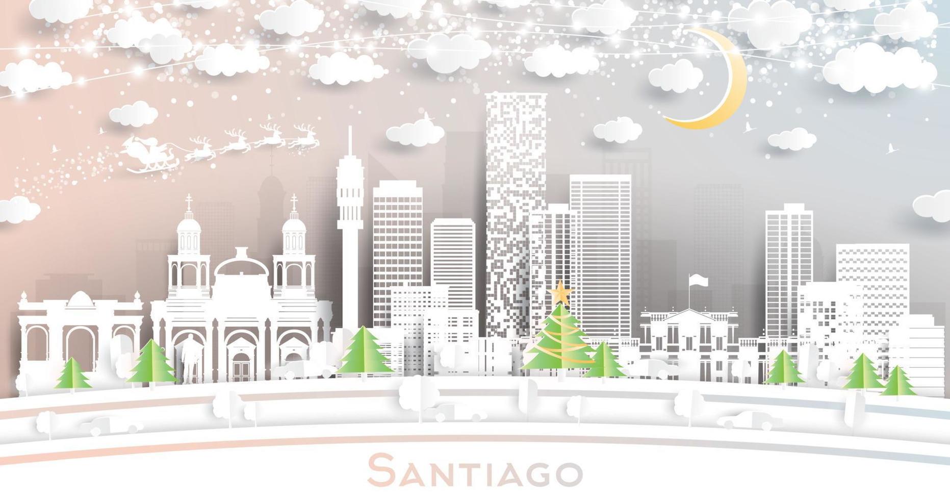 santiago chile stad horisont i papper skära stil med snöflingor, måne och neon krans. vektor