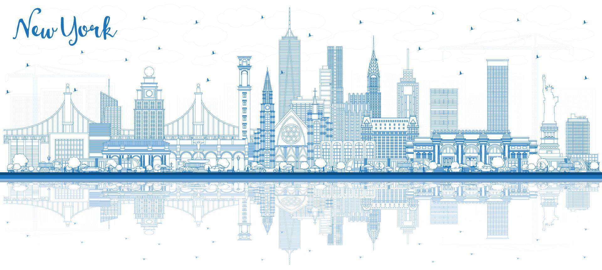 översikt ny york USA stad horisont med blå byggnader och reflektioner. vektor