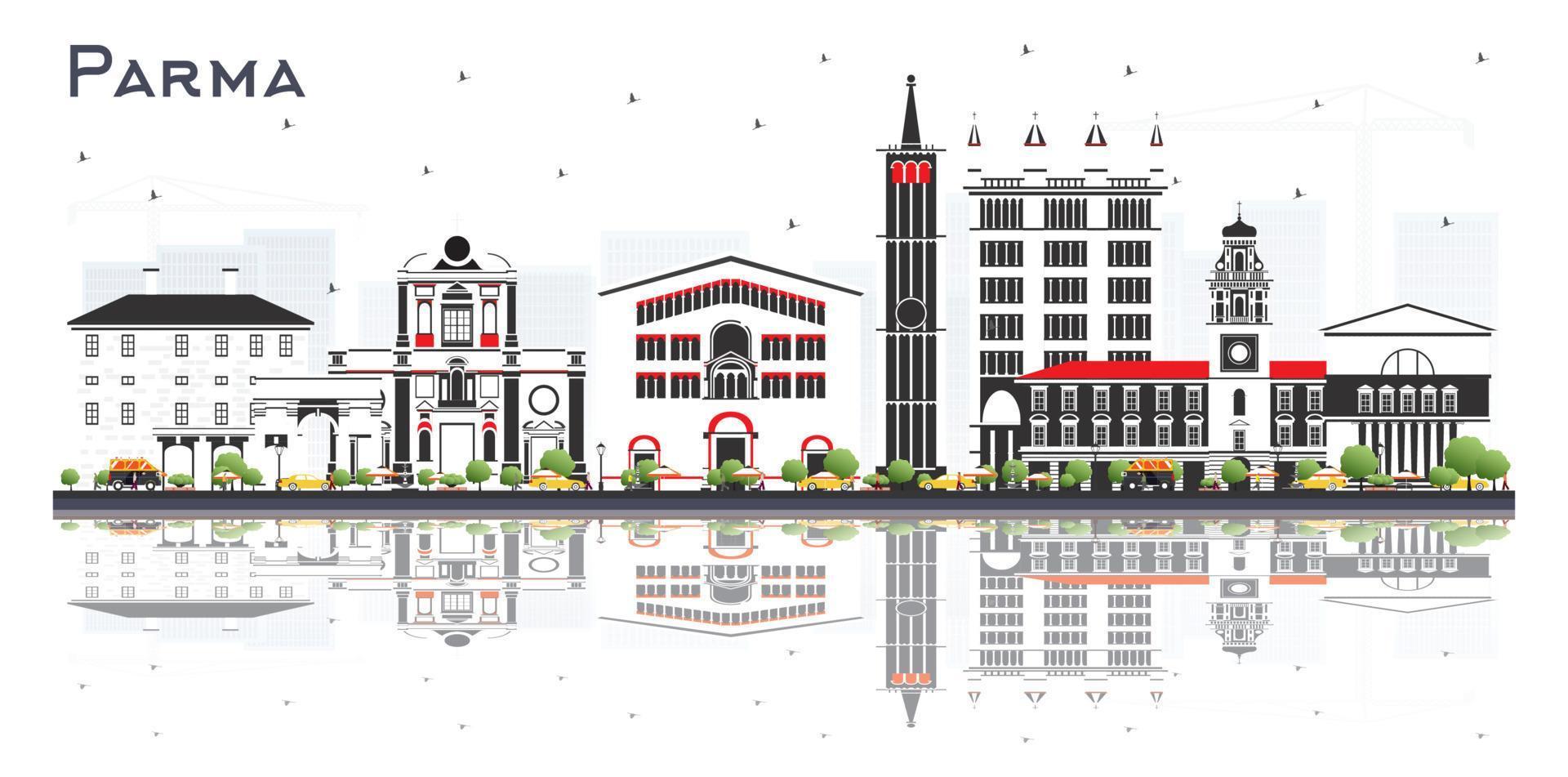 parma italien city skyline mit farbigen gebäuden und reflexionen isoliert auf weiß. vektor
