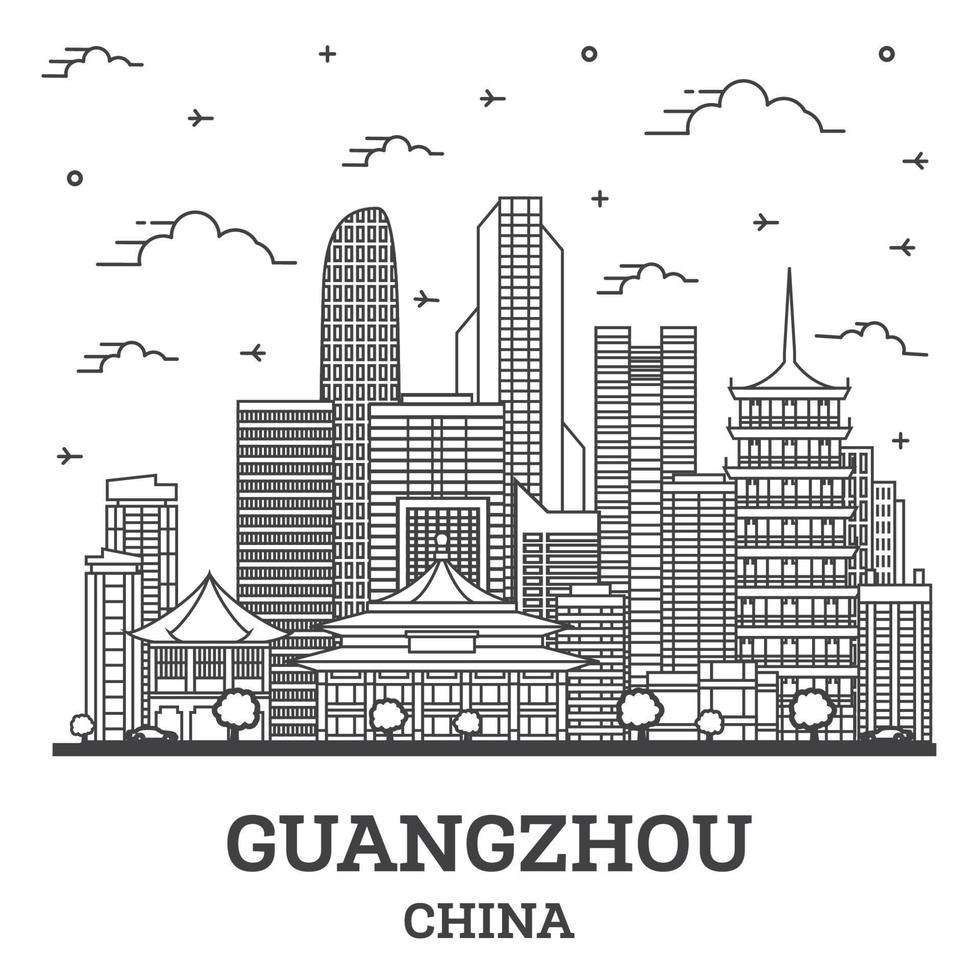 skizzieren sie die skyline der stadt guangzhou china mit modernen gebäuden, die auf weiß isoliert sind. vektor