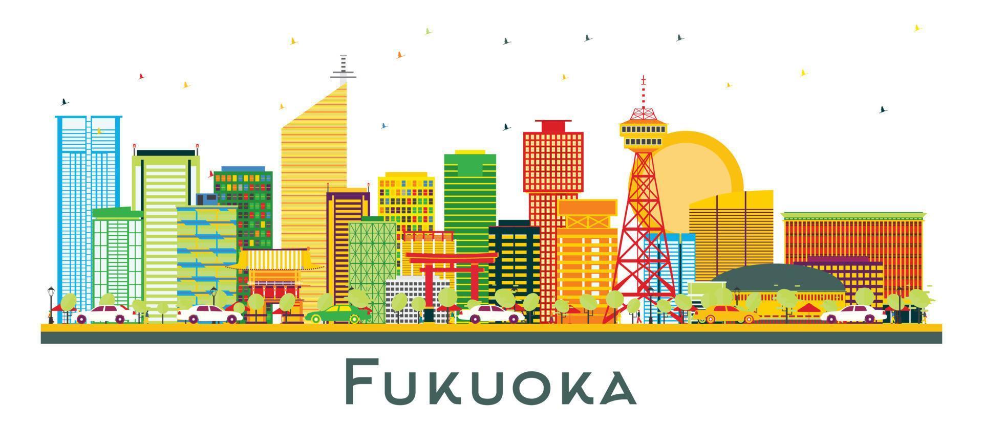 fukuoka japan city skyline mit farbigen gebäuden isoliert auf weiß. vektor