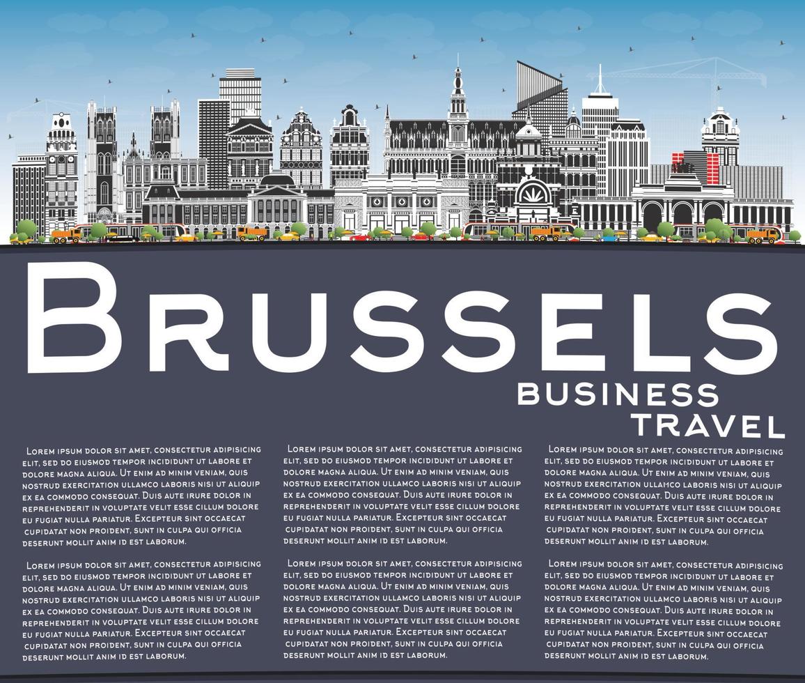 bryssel belgien stad horisont med Färg byggnader, blå himmel och kopia Plats. vektor