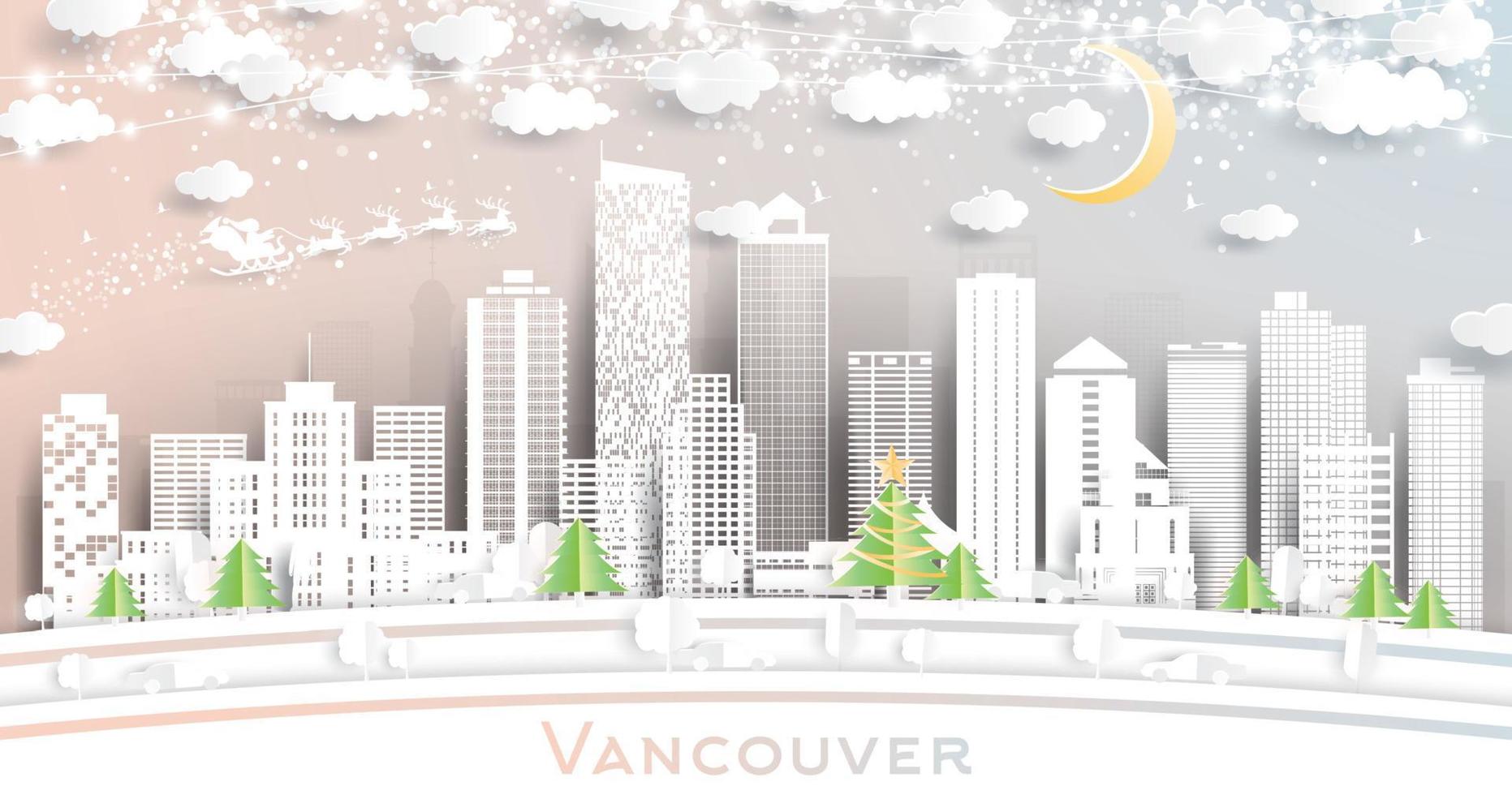 vancouver canada city skyline im papierschnittstil mit schneeflocken, mond und neongirlande. vektor