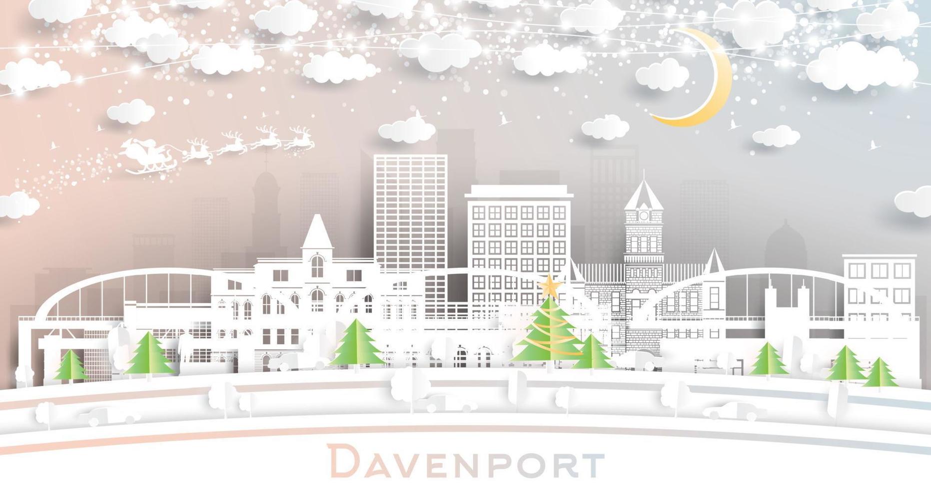 davenport iowa stad horisont i papper skära stil med snöflingor, måne och neon krans. vektor